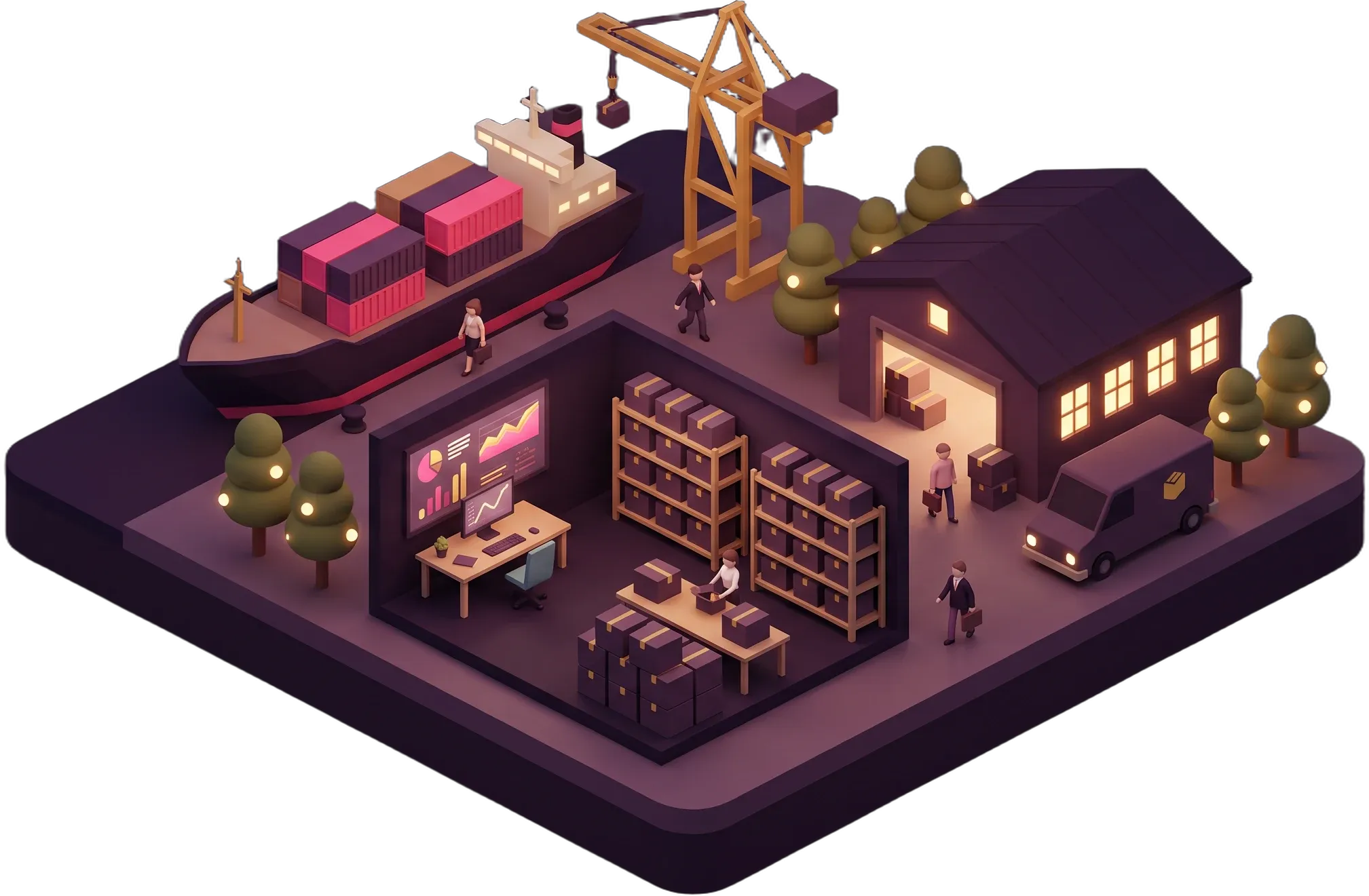 SexToySeller — an isometric seller office with a port and a warehouse